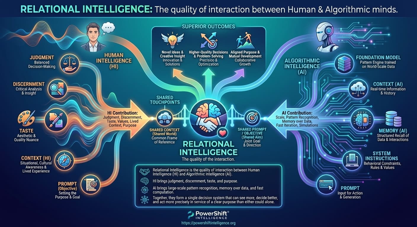 Relational Intelligence diagram showing Human Intelligence, Algorithmic Intelligence, shared touchpoints, and outcomes.